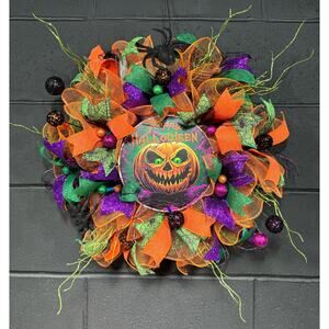 Halloween Wreath For Front Door Spooky Pumpkin Purple Orange Green 28 inch